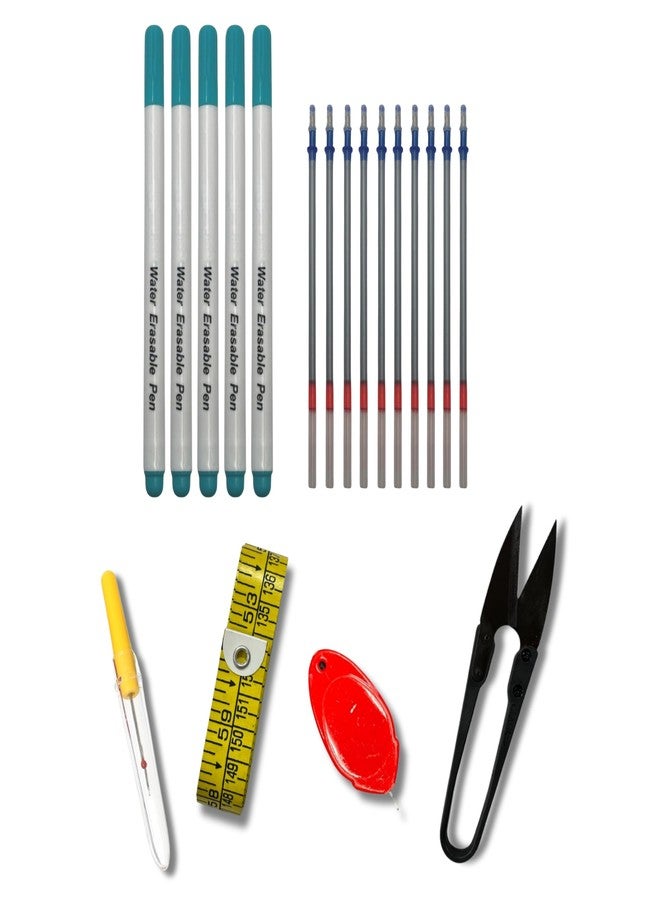 ZENITH Water Erasable Fabric Marker Refill Kit, Blue, with Seam Ripper, Measuring Tape, Needle Threader & Thread Cutter for Sewing (5 pc Blue Pens & 10 Silver Refill Combo) - Image 1